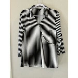 Talbots Black White Stripe Faux Wrap Blouse Collar Shirt 3/4 Sleeve Size M